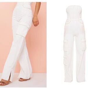 Ecru Contrast Stitch Cargo Pocket Bandeau Denim Jumpsuit